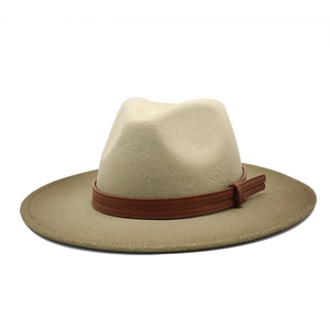Gradient felt fedora hat with two-tone beige and camel design and leather strap