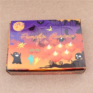 Detailed packaging of 12PCS orange LED pumpkin lanterns with Halloween spider and bat design