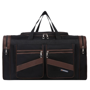 Large black Oxford travel bag with brown trim and multi-pocket design on white background