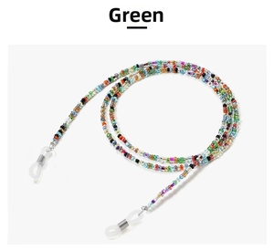 Detailed macro view of colorful beaded eyewear chain with adjustable rubber loops and metal hooks