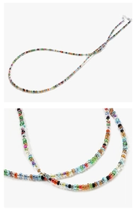 Detail of colorful seed bead eyewear chain with adjustable clear silicone loops