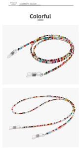 Close-up of handmade multi-color beaded eyewear chain with silicone loops for glasses