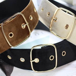 Three elegant velvet wide waist belts with gold metal square buckles in brown beige and black