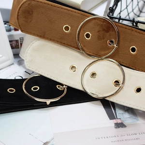 Suede velvet corset belts with large gold round buckles in brown, beige, and black