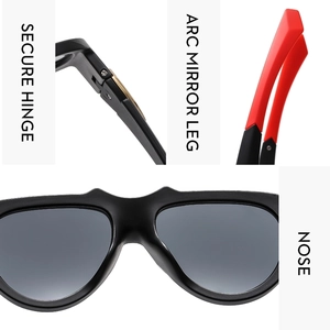 Detail view of secure hinge, ergonomic arc mirror legs and comfortable nose pads on sunglasses