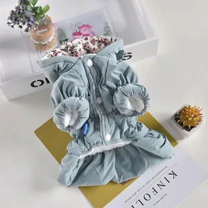 Floral lining hooded pet cotton coat for small dogs in morandi blue with snap buttons