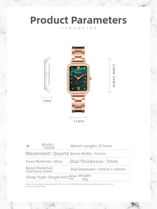 Detailed technical specifications and dimensions for women's square green quartz watch