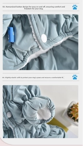 Detail of dog winter jacket featuring snap buttons and elastic cuffs with warm fleece lining