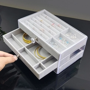Three-tier clear acrylic jewelry organizer with grey velvet lining and ring slots