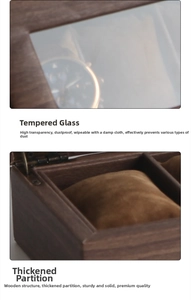 Detail of wooden watch box with tempered glass window and thickened interior dividers