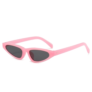 Pink triangle cat eye sunglasses with dark grey lenses and silver stud hinges