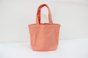 Front view of small coral pink canvas lunch bag with single handle on white background