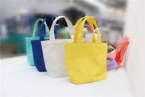 Detail showing diagonal arrangement of multi-colored canvas lunch tote bags