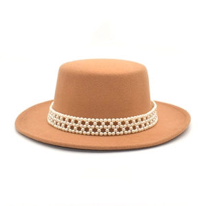 Elegant Wool Felt Boater Hat With Faux Artificial Pearl Beaded Band Wide Brim Retro British Style Flat Top Fedora For Women Men