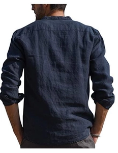 Rear view of navy blue long sleeve linen shirt for men featuring breathable fabric texture