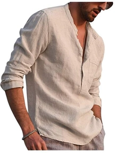 Detailed texture of men's linen v-neck shirt featuring a chest pocket and rolled sleeves