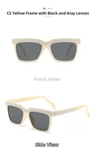 Detailansicht der cremefarbenen quadratischen Sonnenbrille mit Strass und grauen Gläsern