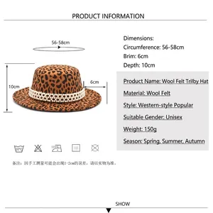 Unisex leopard print wool fedora hat with white pearl trim and detailed sizing guide