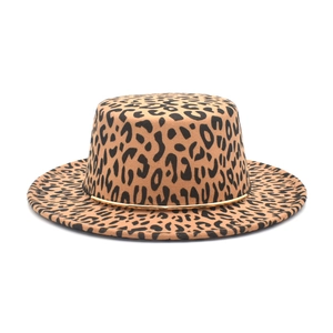 Flat top leopard print wool felt fedora hat with gold metal band accent for men and women