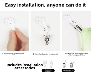 Three-step installation guide featuring seamless nails and metal clips for tapestries