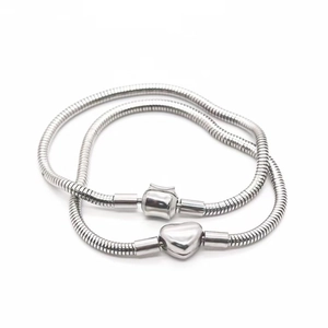 Silver titanium steel snake chain bracelets with heart and rectangle clasps in 18K gold finish