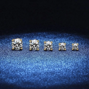 Classic 925 sterling silver four-prong moissanite stud earrings in five sizes gold finish