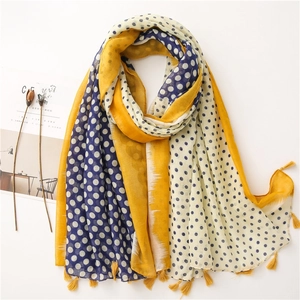 Chic polka dot color block cotton linen scarf with yellow tassels for spring outfits