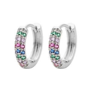 Colorful zircon micro-pave huggie hoop earrings in polished silver-tone metal