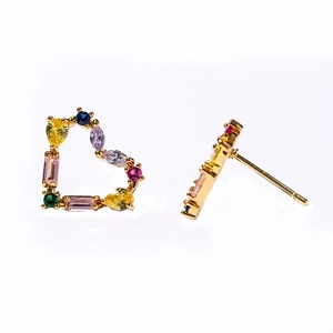 Golden heart-shaped stud earrings with colorful zircon stones in various cuts and styles