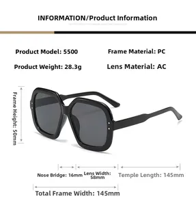 Detailed dimension chart showing frame height and width for retro Y2K square sunglasses