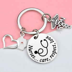 Silver Nurse Keychain with care respect love engraved charm and medical symbols