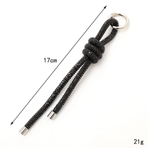 Luxury rhinestone chain keychain and camera charm strap in black with silver clasp