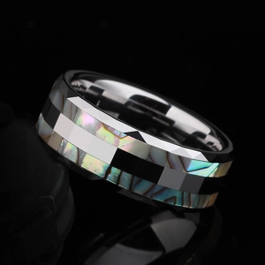 Tungsten ring with double groove shell inlay and faceted colorful abalone finish