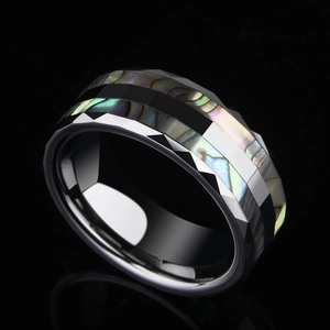 Mens tungsten ring featuring double-groove shell inlay and faceted silver black edges