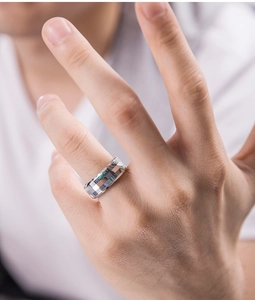 Macro shot of men's faceted tungsten ring featuring colorful shell inlay and silver finish