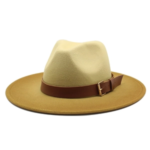 Two-tone wool fedora hat with cream crown, mustard brim, and brown leather belt