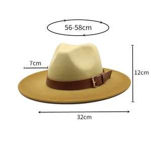 Detail showing two-tone fedora hat dimensions with beige crown and tan brim details