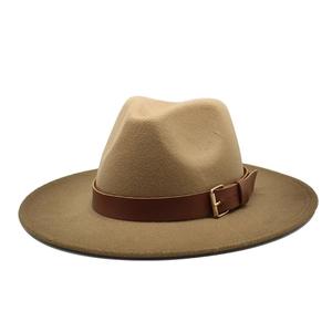 Two-tone felt fedora hat in khaki and dark brown with brown leather buckle band