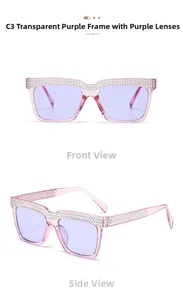 Detail der quadratischen Übergröße-Sonnenbrille mit Strass in Transparent-Violett