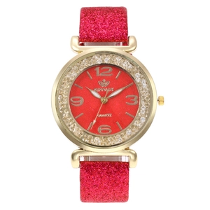 Orologio da donna al quarzo con cinturino glitter rosso e cassa dorata con strass