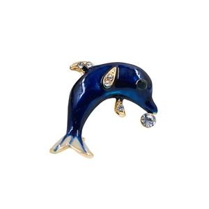 Elegant dolphin brooch featuring deep blue enamel finish and sparkling rhinestones