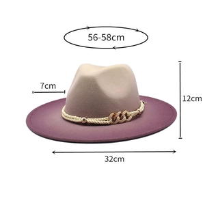 Detailed size dimensions of beige and purple gradient wool fedora hat with gold chain