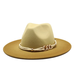 Two-tone wool fedora hat with wide brim, twisted rope and gold rhinestone chain buckle