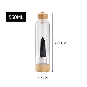 Single layer glass bottle with bamboo lid and black crystal pillar 550ml dimensions details