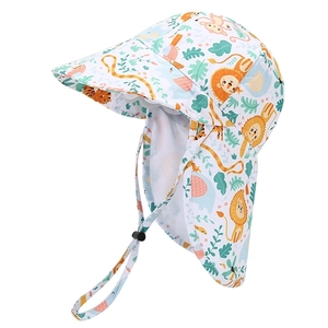Cartoon animal print baby sun hat with neck flap and breathable mesh for outdoor protection