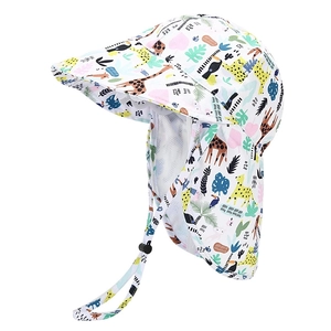 Detail view of cartoon animal print baby sun hat with wide brim and neck protection flap