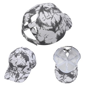 Detailed views of tie-dye baseball cap with elastic criss-cross ponytail opening