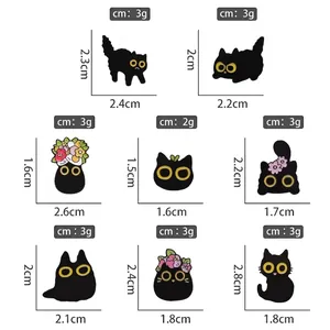 Cute black cat enamel pins set featuring eight unique floral kitten designs for clothing