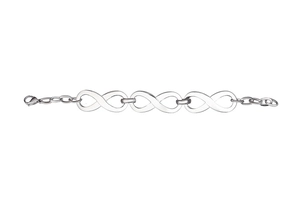 Detailed view of silver infinity link bracelet with lobster clasp and extension chain