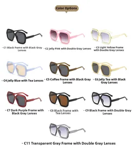 Multiple color variations of square frame sunglasses with various lenses and frames